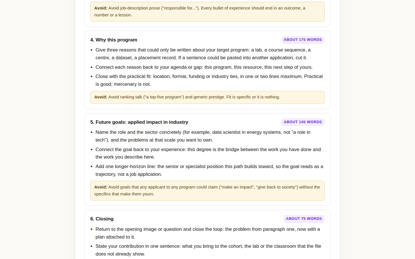 SOP Builder result: outline sections with word budgets, including Why this program at about 175 words and the closing at about 75